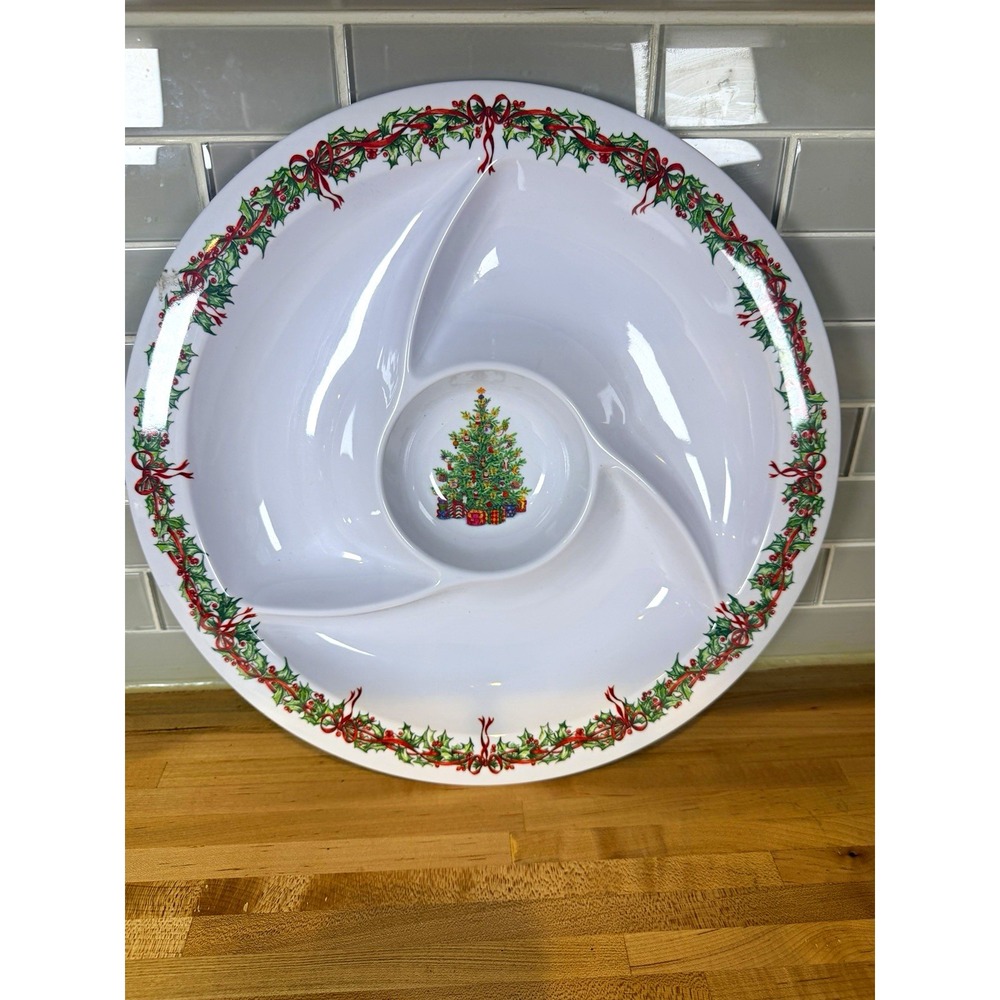Radko Melamine Christmas Holly 4-Compartment Divided Serving Tray 11 in